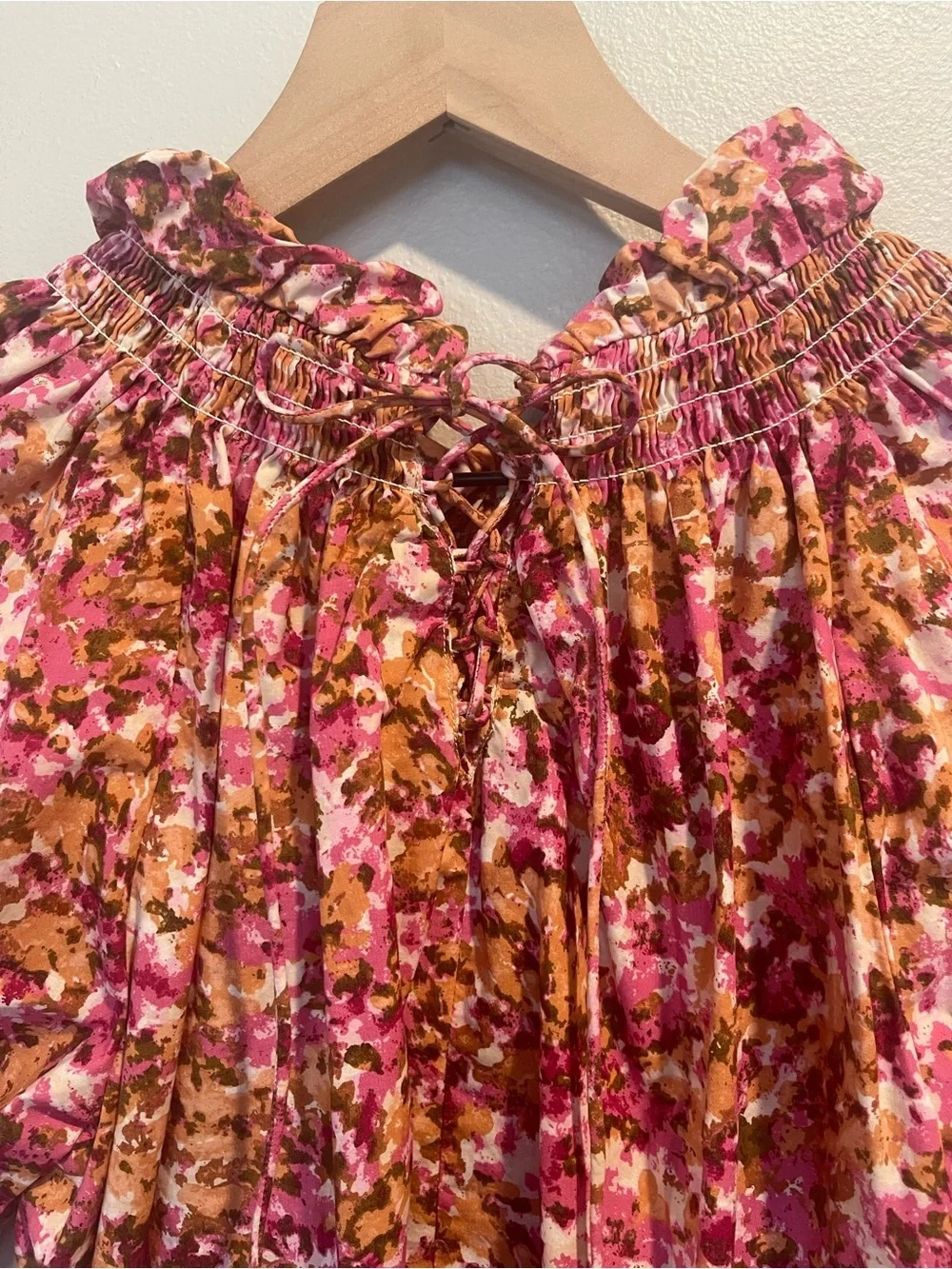 J. Crew Smocked Puff-Sleeve Blouse, Ties In Back, Pink Faded Floral, Size XXS